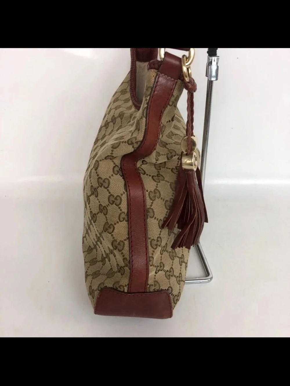 Gucci Beige Monogram Hobo with Brown Leather Trim and Tassel